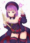  :3 absurdres bangs bare_shoulders belt blush book breasts closed_mouth coat commentary_request detached_collar fate/grand_order fate_(series) helena_blavatsky_(fate/grand_order) highres holding holding_book index_finger_raised leaning_forward looking_at_viewer miniskirt open_clothes open_coat purple_eyes purple_hair rangen ribbed_legwear short_hair simple_background skirt small_breasts smile solo thighhighs thighs white_background 
