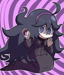  1girl artist_request dress female hex_maniac_(pokemon) highres long_hair looking_at_viewer nail_polish nintendo npc_trainer poke_ball pokemon pokemon_(game) pokemon_xy purple_background shoes simple_background smile solo two-tone_background very_long_hair 