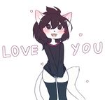  &lt;3 2017 black_hair blush cat clothing covering covering_self english_text feline female fur hair legwear looking_at_viewer mammal mercy_(suelix) open_mouth solo standing stockings suelix sweater text white_fur 