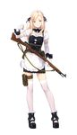  alevetz_novoseltsova alternate_costume apron bangs black_footwear black_ribbon blonde_hair blue_eyes elbow_gloves enmaided formation_girls full_body gloves gun hair_ribbon highres holding holding_bullet holding_gun holding_weapon kinta_(distortion) looking_at_viewer maid maid_apron maid_headdress ribbon rifle shoes smile solo swept_bangs thighhighs transparent_background weapon white_gloves white_legwear 