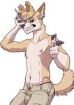  2017 absurd_res alpha_channel anthro brown_eyes brown_fur burger_king canine claws clothed clothing crown dingo english_text fur grin hi_res kokopelli-kid male mammal navel nipples pants shorts simple_background smile solo standing tan_fur text topless transparent_background white_fur 