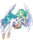  alternate_costume alternate_eye_color alternate_hair_color alternate_hairstyle aqua_eyes aqua_hair commentary full_body gloves green_hair highres horn league_of_legends long_hair shorarung simple_background solo soraka star_guardian_soraka thighhighs very_long_hair white_background white_gloves white_legwear white_wings wings 