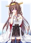  absurdres ahoge bare_shoulders blush brown_hair brown_legwear covering_mouth hairband highres kantai_collection kongou_(kantai_collection) long_hair looking_at_viewer nail_polish nontraditional_miko purple_eyes remodel_(kantai_collection) skirt solo thighhighs very_long_hair wading water yoye_(pastel_white) 