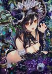  :d animal_ears arched_back arm_warmers bangs bare_shoulders black_hair blush breasts brown_eyes bubble cat_ears cat_girl cat_tail claw_pose cleavage commentary_request cross-laced_clothes eyebrows_visible_through_hair fangs flower frills hair_between_eyes hair_ornament hand_up headdress highres hydrangea large_breasts long_hair looking_at_viewer open_mouth original smile solo tail teeth terai_(teraimorimori) tsurime 