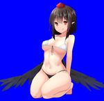  arms_behind_back bare_legs barefoot bikini black_bikini_bottom black_hair black_wings blue_background breasts breasts_apart commentary_request covered_nipples front-tie_bikini front-tie_top full_body hat highres large_breasts licking_lips looking_at_viewer navel pointy_ears red_eyes shameimaru_aya side-tie_bikini solo stomach string_bikini swimsuit tokin_hat tongue tongue_out touhou white_bikini_top wings yusake_san 