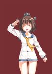  ass_visible_through_thighs brown_hair closed_eyes collarbone commentary cowboy_shot dress hige_shinshi highres kantai_collection neckerchief open_mouth red_background sailor_dress salute short_hair smile solo thighs yellow_neckwear yukikaze_(kantai_collection) 