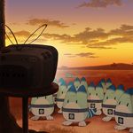  commentary evening iguana_(animal) kemono_friends lucky_beast_(kemono_friends) mountain no_humans outdoors sky sunglasses sunset table tatsuki_(irodori) television tree watching_television 