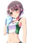  absurdres armpit_peek bangs bare_shoulders blush breasts collarbone grey_eyes grey_hair hand_up highres idolmaster idolmaster_cinderella_girls looking_at_viewer navel open_mouth otokura_yuuki rariemonn short_hair simple_background small_breasts solo sports_bra sweat towel upper_body white_background 