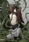  bdsm black_hair blue_eyes bondage bound grimace highres izumi-no-kami_kanesada kyoujixxxx long_hair male_focus molestation nipple_tweak nipples shirt_lift slime solo_focus tentacles tentacles_with_male touken_ranbu 