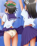  2girls ass assisted_exposure black_hair cover dr_rex flower hair_flower hair_ornament head_wreath long_hair multiple_girls panties pantyshot polka_dot polka_dot_panties saten_ruiko school_uniform serafuku short_hair skirt skirt_flip skirt_lift surprised text to_aru_kagaku_no_railgun to_aru_majutsu_no_index uiharu_kazari underwear white_panties 