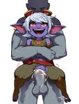  1boy 1gir blue_skin blush clothed_sex cum cum_in_pussy happy happy_sex hetero highres hug_from_behind kollerss large_penis league_of_legends midriff navel no_panties penis pointy_ears pussy sex smile testicles torn_pants tristana uncensored vaginal white_hair yellow_eyes yordle 