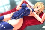  ahoge armpits artoria_pendragon_(all) artoria_pendragon_(lancer) bare_shoulders blonde_hair blue_legwear blue_leotard blush braid breasts cape cleavage closed_mouth commentary_request covered_navel crown curvy damao_yu eyebrows_visible_through_hair eyes_visible_through_hair fate/grand_order fate_(series) fur_trim green_eyes highleg highleg_leotard highres indoors large_breasts leotard looking_at_viewer lying on_back on_floor petals red_cape revision short_hair smile solo thick_thighs thighhighs thighs wide_hips 