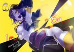  :d ahoge ass breasts commentary cowboy_shot dutch_angle formation_girls from_below goggles goggles_on_head looking_at_viewer malissa_flint medium_breasts midriff official_art open_mouth purple_hair salute short_hair signature simple_background smile solo translated underboob yellow_background yellow_eyes ze_(sawakihein) 
