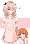  1girl :&gt; apron astolfo_(fate) bangs black_bow blush bow closed_mouth commentary double_v eighth_note eyebrows_visible_through_hair fate/apocrypha fate/grand_order fate_(series) father_and_daughter hair_between_eyes hair_bow hair_intakes hands_up heart heart-shaped_pupils heart_print highres if_they_mated looking_at_viewer musical_note orange_hair otoko_no_ko own_hands_together pink_hair pink_skirt pleated_skirt purple_eyes saku_(kudrove) school_uniform serafuku short_sleeves sidelocks skirt smile symbol-shaped_pupils tsurime v 
