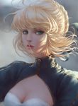  artist_name artoria_pendragon_(all) bangs blonde_hair blue_dress blurry blurry_background breasts chuby_mi cleavage cleavage_cutout close-up closed_mouth dress expressionless eyelashes face fate/stay_night fate_(series) floating_hair green_eyes highres lips looking_at_viewer medium_breasts outdoors realistic saber short_hair solo upper_body watermark web_address wind 