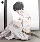  back bandages black_hair blood bloody_bandages bloody_clothes green_eyes holding_shirt horikawa_kunihiro injury kyoujixxxx male_focus shirtless sitting_on_floor solo sweat touken_ranbu 