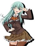  ;d aqua_hair armor ascot blush boots brown_legwear brown_skirt commentary cravat epaulettes eyebrows_visible_through_hair frilled_skirt frills grey_eyes hand_on_hip head_tilt highres jacket kantai_collection long_hair long_sleeves looking_at_viewer one_eye_closed open_mouth pleated_skirt rappa_(rappaya) rigging school_uniform shadow shirt shoulder_armor sidelocks skirt smile solo suzuya_(kantai_collection) thighhighs v v_over_eye white_background white_shirt 