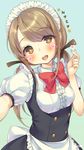  :d apron aqua_background bangs blush bow bowtie brown_eyes brown_hair brown_ribbon character_name commentary_request eyebrows_visible_through_hair hair_ribbon hana_(maid_in_cafe) hand_up head_tilt heart highres looking_at_viewer low_twintails maid maid_headdress maid_in_cafe mirei open_mouth puffy_short_sleeves puffy_sleeves red_bow red_neckwear ribbon short_sleeves sidelocks simple_background smile solo star twintails upper_body waist_apron white_apron 