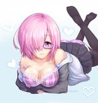  alternate_legwear ass black_legwear black_skirt blush bra breasts cleavage fate/grand_order fate_(series) glasses hair_over_one_eye heart highres jacket kityomi large_breasts looking_at_viewer lying mash_kyrielight off_shoulder on_stomach panties plaid plaid_bra plaid_panties pleated_skirt purple_eyes purple_hair short_hair skirt smile solo strap_slip thighhighs twitter_username underwear 
