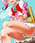  1girl cigarette cosplay cover dr_rex fang head_out_of_frame hoshikuzu_witch_meruru kurusu_kanako legs_crossed meruru_(oreimo) meruru_(oreimo)_(cosplay) ore_no_imouto_ga_konna_ni_kawaii_wake_ga_nai panties pink_hair sitting smoking striped striped_panties twintails underwear 