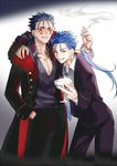 :d alcohol black_jacket blue_eyes blue_neckwear blue_shirt cigarette cu_chulainn_alter_(fate/grand_order) cup drinking_glass dual_persona fate/grand_order fate/stay_night fate_(series) fur_trim hair_tubes hand_in_pocket holding holding_cigarette holding_cup hug jacket jewelry kangetsu_(fhalei) lancer leaning_on_person long_hair looking_at_viewer male_focus necklace necktie one_eye_closed open_mouth parted_lips pointy_hair ponytail red_eyes shirt smile smoke smoking standing v-shaped_eyebrows wine 