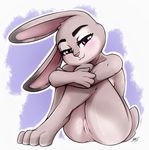  2017 4_fingers 4_toes anthro anus bedroom_eyes blush breasts butt digital_media_(artwork) dipstick_ears disney eyebrows eyelashes female front_view full-length_portrait fur grey_fur half-closed_eyes happy hi_res judy_hopps lagomorph looking_at_viewer mammal naughty_face nude on_ground portrait purple_eyes pussy rabbit secretly_saucy seductive simple_background sitting smile solo toes wide_hips zootopia 