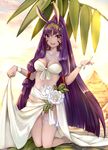  :d animal_ears backlighting bad_id bad_pixiv_id bad_revision bangs barefoot big_hair blurry blurry_background blush breasts cleavage collarbone cropped_revision day earrings eyebrows_visible_through_hair facepaint fate/grand_order fate_(series) fingernails flower front-tie_bikini front-tie_top full_body hair_tubes highres hoop_earrings jackal_ears jewelry kneeling kyanoko_(rakalirica) leaf lifted_by_self long_hair looking_at_viewer looking_back low-tied_long_hair medium_breasts nail_polish necklace nitocris_(fate/grand_order) open_mouth outdoors palm_leaf pink_nails purple_eyes purple_hair pyramid sarong sarong_lift smile solo sunlight thigh_gap thigh_strap upper_teeth very_long_hair white_bikini_top white_flower wristband 