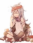  =_= assault_rifle bare_shoulders bike_shorts blush_stickers cat closed_eyes commentary doodle g11 g11_(girls_frontline) girls_frontline grey_hair gun headband indian_style jacket kvlen long_hair off_shoulder open_mouth rifle shoes sitting sneakers solo weapon yawning 