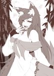  animal_ears bamboo bamboo_forest breasts brooch cleavage cube85 dress fingernails forest highres imaizumi_kagerou jewelry large_breasts long_fingernails long_hair long_sleeves looking_at_viewer monochrome nature night open_mouth outdoors solo tail touhou wide_sleeves wolf_ears wolf_tail 