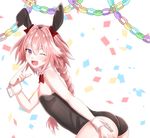  ;d animal_ears arm_at_side ass astolfo_(fate) bad_id bad_pixiv_id bangs bare_arms bare_shoulders black_leotard blush bow bowtie braid bunny_ears bunnysuit commentary_request confetti detached_collar eyebrows_visible_through_hair fake_animal_ears fang fate/apocrypha fate/grand_order fate_(series) from_side hair_between_eyes hair_bow hair_ornament leaning_forward leotard long_hair looking_at_viewer male_focus one_eye_closed open_mouth otoko_no_ko paper_chain pink_hair pointing pointing_at_self purple_eyes red_bow red_neckwear rossa_(pixiv27548922) simple_background single_braid smile strapless strapless_leotard white_background wrist_cuffs 