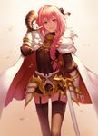  armor astolfo_(fate) bangs black_bow black_legwear bow braid cloak commentary_request fate/apocrypha fate_(series) faulds fur_trim garter_straps gauntlets hair_between_eyes hair_bow hair_intakes hand_up highres holding horn_(instrument) long_hair looking_at_viewer male_focus mool_yueguang multicolored_hair open_mouth otoko_no_ko pink_eyes pink_hair single_braid smile solo standing streaked_hair sword thighhighs weapon white_hair 