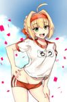  ahoge blonde_hair braid buruma fate_(series) green_eyes gym_shirt gym_uniform hair_ribbon hairband highres looking_at_viewer nero_claudius_(fate) nero_claudius_(fate)_(all) olympian_bloomers open_mouth red_buruma ribbon shirt short_hair smile solo t-shirt white_shirt zeroyama 