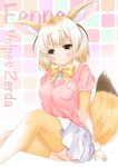  :3 animal_ears blonde_hair blush bow bowtie breast_pocket character_name extra_ears eyebrows_visible_through_hair fennec_(kemono_friends) fox_ears fox_tail highres inahori kemono_friends long_hair looking_at_viewer miniskirt multicolored multicolored_clothes multicolored_legwear pink_sweater pleated_skirt pocket scientific_name short_sleeve_sweater short_sleeves sitting skirt solo sweater tail thighhighs two-tone_legwear white_skirt yellow_bow yellow_legwear yellow_neckwear 