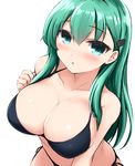  :o bikini black_bikini blush breasts don_(29219) green_eyes green_hair hair_ornament hairclip kantai_collection large_breasts long_hair looking_at_viewer looking_to_the_side side-tie_bikini simple_background solo suzuya_(kantai_collection) swimsuit white_background 