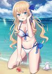  aly_(wei983999767) aqua_eyes beach bikini blonde_hair breasts cleavage cloud cloudy_sky copyright_request day eyebrows_visible_through_hair hair_ribbon hair_tucking highres horizon kneeling long_hair looking_at_viewer medium_breasts multi-strapped_bikini navel open_mouth outdoors ribbon ribbon-trimmed_bikini seashell shell side-tie_bikini sky solo swimsuit 