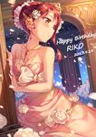  blush breasts character_name cleavage commentary dated dress earrings flower hair_bun hair_flower hair_ornament hair_up happy_birthday jewelry love_live! love_live!_sunshine!! medium_breasts miazi necklace orange_eyes petals red_hair ring sakurauchi_riko smile solo strapless strapless_dress tiara wedding_dress 
