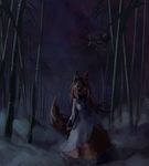  animal_ears bamboo bamboo_forest brooch brown_hair dark dress faux_traditional_media fingernails forest glowing glowing_eyes highres imaizumi_kagerou jewelry light_smile long_fingernails long_sleeves nail_polish nature night outdoors red_eyes red_nails reddizen solo tail touhou wide_sleeves wolf_ears wolf_tail 