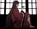  androgynous backlighting barefoot black_hair blue_eyes earrings highres izumi-no-kami_kanesada japanese_clothes jewelry kimono kiseru kyoujixxxx long_hair looking_at_viewer male_focus pipe solo touken_ranbu very_long_hair windows yukata 