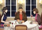  2girls :t alternate_costume alternate_hairstyle beta_(joutarou) black_hair blue_ribbon braid brown_eyes brown_hair brown_jacket chair commentary cup drinking_glass earrings facial_hair food fork french_braid green_ribbon hair_ribbon holding holding_cup iowa_(pacific) jacket jewelry kimi_no_na_wa knife lamp long_hair miyamizu_mitsuha mole mole_under_eye multicolored multicolored_ribbon multiple_girls natori_sayaka necklace no_hat no_headwear older open_mouth pacific plate red_shirt ribbon ring shirt short_hair smile star star_necklace staring stubble teshigawara_katsuhiko turtleneck wedding_band window wine_glass 