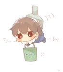  black_legwear blush brown_hair bucket chibi commentary crane eyebrows_visible_through_hair full_body hair_between_eyes holding holding_bucket ina_(1813576) japanese_clothes kaga_(kantai_collection) kantai_collection side_ponytail simple_background solo translated white_background 
