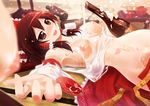  :d alcohol armpits bare_shoulders belly blurry blush bottle bow breasts brown_eyes brown_hair covered_nipples cup day depth_of_field dripping drunk floral_print frilled_bow frills hair_bow hair_tubes hakurei_reimu holding holding_bottle indoors large_breasts looking_at_viewer lying messy multiple_girls nipples nose_blush on_back open_clothes open_mouth open_skirt porurin red_bow red_skirt sakazuki sake see-through shiny shiny_skin sidelocks skirt smile solo_focus stomach sunlight touhou wakamezake wet wet_clothes wide_hips wooden_floor 