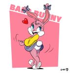  &lt;3 3_toes anthro babs_bunny buckteeth clothed clothing ear_bow english_text female hi_res joaoppereiraus lagomorph leporid looking_back mammal open_mouth panties panty_shot rabbit raised_clothing raised_skirt simple_background solo teeth text tiny_toon_adventures toes underwear warner_brothers 