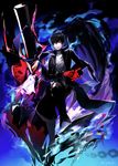  absurdres amamiya_ren arsene_(persona_5) black_hair chain gloves hat highres looking_at_viewer male_focus mask mozuyun persona persona_5 red_eyes short_hair smile top_hat weapon wings 