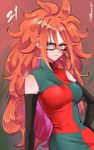  android_21 blue_eyes curly_hair detached_sleeves dragon_ball dragon_ball_fighterz earrings glasses green_eyes highres hoop_earrings jewelry kenshin187 long_hair looking_at_viewer red_hair smile 