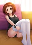  :o bare_shoulders black_panties boku_no_hero_academia breasts brown_eyes brown_hair couch full_body half-closed_eyes highres indoors kazenokaze large_breasts looking_at_viewer open_mouth panties pillow sitting solo tank_top thighhighs underwear uraraka_ochako wristband 