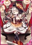  akkijin amaymon candy card_(medium) demon_girl demon_tail dress flower food hair_flower hair_ornament lollipop looking_at_viewer official_art red_ribbon ribbon shinkai_no_valkyrie silver_eyes silver_hair solo spiral tail thighhighs tongue tongue_out white_dress 