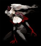  belt_collar black_background black_bodysuit blood bloody_hands bodysuit breasts claws cleavage cleavage_cutout commentary_request dark earrings jewelry large_breasts long_hair looking_at_viewer mask one_knee parted_lips persona persona_5 rr_(suisse200) slit_pupils smile solo takamaki_anne twintails white_hair yellow_eyes 