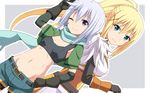  ;) bike_shorts black_bra black_gloves black_shorts blonde_hair blue_eyes blue_scarf blue_shorts bra breasts chris_(konosuba) cleavage darkness_(konosuba) dutch_angle eyebrows_visible_through_hair facial_scar gloves gotou_jin groin hair_between_eyes hair_ornament hand_on_hip head_tilt high_ponytail kono_subarashii_sekai_ni_shukufuku_wo! long_hair looking_at_viewer midriff multiple_girls navel one_eye_closed purple_eyes scar scar_on_cheek scarf short_hair_with_long_locks short_shorts shorts shorts_under_shorts sidelocks silver_hair small_breasts smile stomach underwear very_long_hair x_hair_ornament 