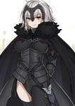  &gt;:) ahoge armor armored_dress awata_mokane bangs black_legwear blurry breasts cape capelet chain closed_mouth cowboy_shot depth_of_field fate/grand_order fate_(series) faulds fur_trim gauntlets headpiece jeanne_d'arc_(alter)_(fate) jeanne_d'arc_(fate)_(all) large_breasts looking_at_viewer short_hair silver_hair smile solo thighhighs v-shaped_eyebrows yellow_eyes 