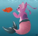 &lt;3 2017 4_fingers alien angel_(lilo_and_stitch) antennae back_markings black_eyes blue_background blue_eyes claws digital_media_(artwork) digital_painting_(artwork) disney duo experiment_(species) fish head_tuft hybrid lilo_and_stitch marine markings merfolk open_mouth open_smile orange_scales pudge_the_fish purple_claws purple_nose scales signature simple_background smile snafuangel sparkles tuft underwater water 